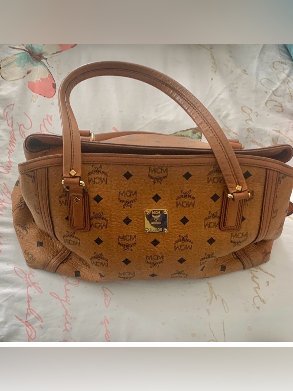 MCM Cognac Visetos Logo Top-Handle Shoulder Bag